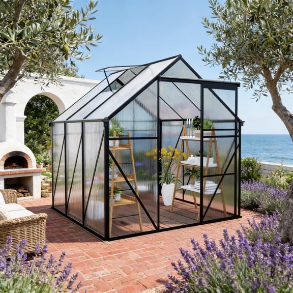 Fehomix 6x6FT Polycarbonate Greenhouse, Heavy Duty Walk-in Greenhouse with Drainage System & Adjustable Roof, Aluminum Frame Outdoor Greenhouse for Backyard Gardening - All Season Use