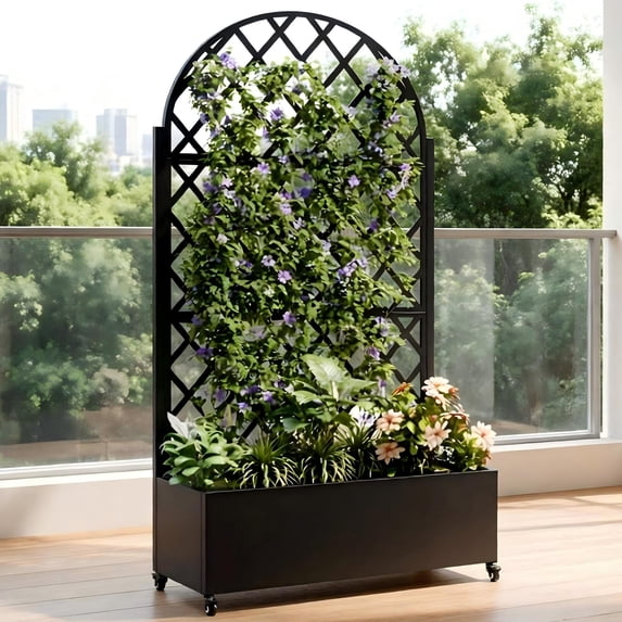Fehomix 73" Metal Raised Garden Bed with Trellis & Wheels - Elevated Planter Box with Privacy Screen for Climbing Plants Vegetables, Outdoor Garden Box with Drainage, Tool-Free Assembly