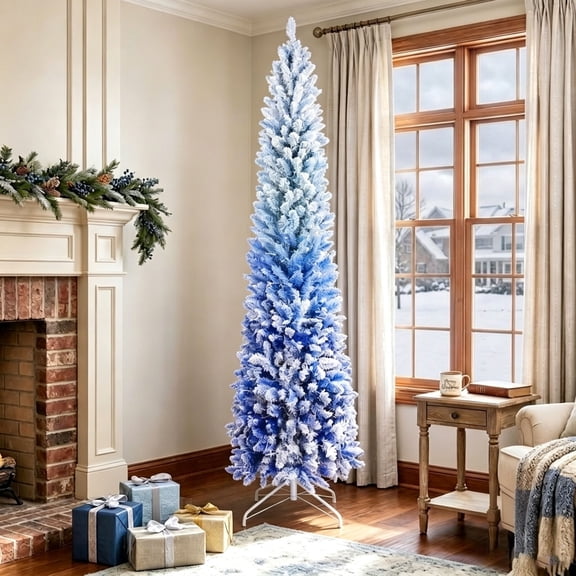 Fehomix 7FT Prelit Pencil Christmas Tree, Blue Snow-Flocked Artificial Slim Tree with 300 Warm White LED Lights, 725 PVC Tips, Hinged Branches for Small Spaces, Apartment & Modern Holiday Decor