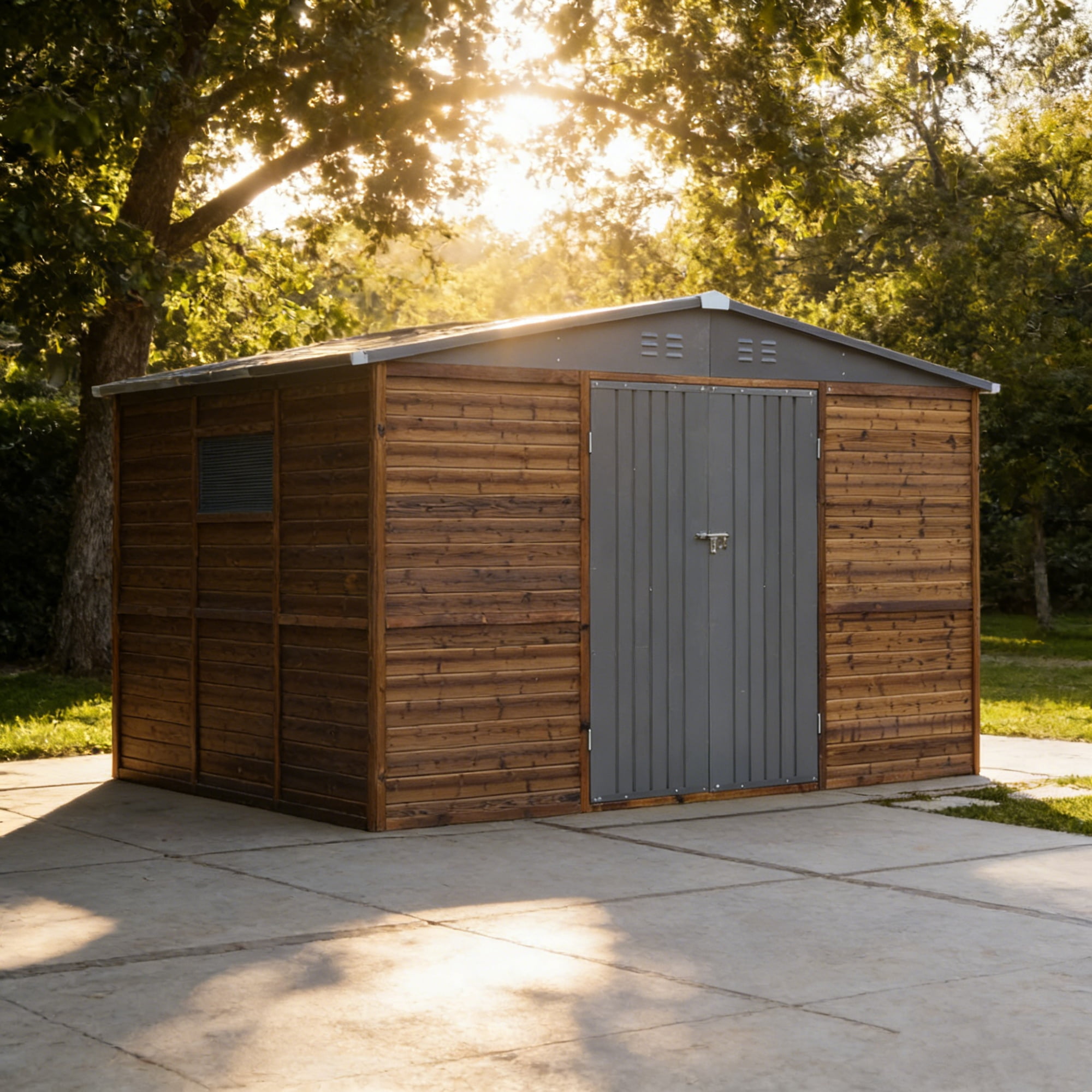 Fehomix 8x10 FT Outdoor Storage Shed, Metal and Wood Tool Shed with Wide Iron Doors & Windows, Weatherproof Garden Shed for Backyard, Lawn Mower & Large Equipment Storage