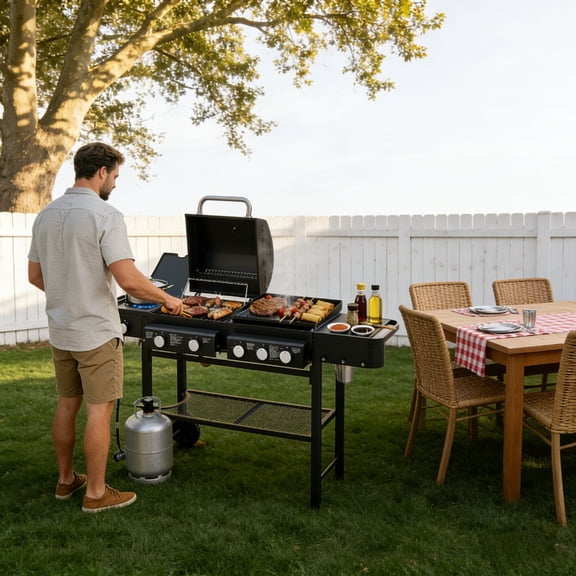 Fehomix All-in-One 5 Burner Propane Gas Grill and Griddle Combo, 56000 BTU Heavy-Duty Outdoor Grill with 745 Sq.In Cooking Space for Backyard, Parties, and Outdoor Cooking