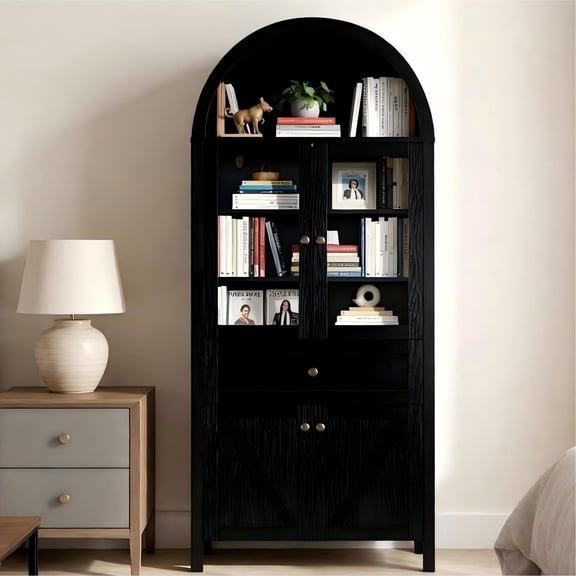 Fehomix Arched Display Storage Cabinet, 71" Tall Wood Accent Cabinet with Adjustable Shelves & Large Capacity, Modern Farmhouse Sideboard for Living Room, Dining Room, Black