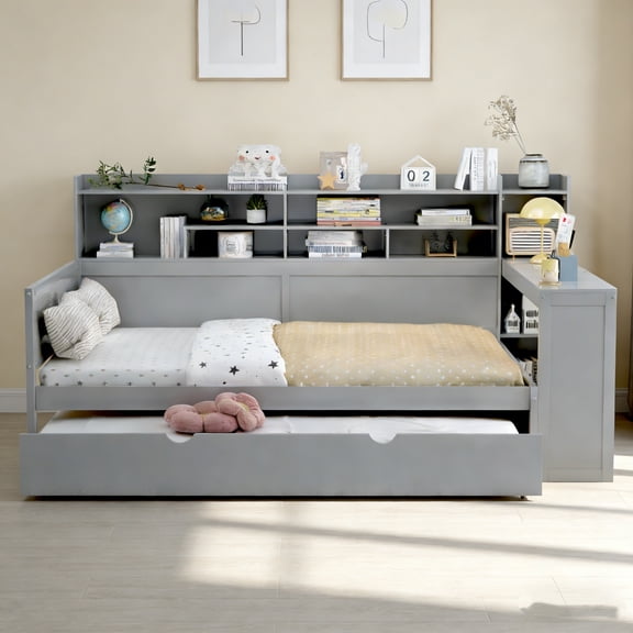 Fehomix Full Size Daybed with Study Desk & Storage, Multifunctional Loft Bed Frame Built-in Desk, Twin Trundle Bed, Shelves for Small Space, Teens, Guest Room, Natural Wood (Fits Full Mattress)Gray