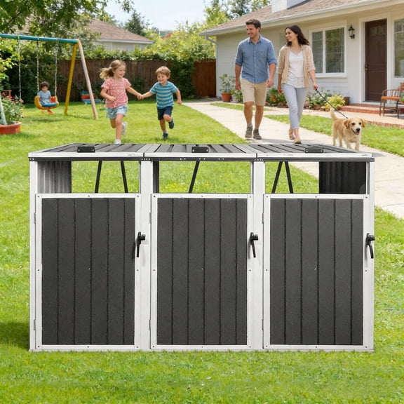 Fehomix Large Outdoor Trash Can Storage Shed - Metal Enclosure Cabinet Holds 3 Garbage Bins, Lockable Lid, Corrosion-Resistant Galvanized Steel for Backyard, Patio, Garden, Easy Assembly & Cleaning