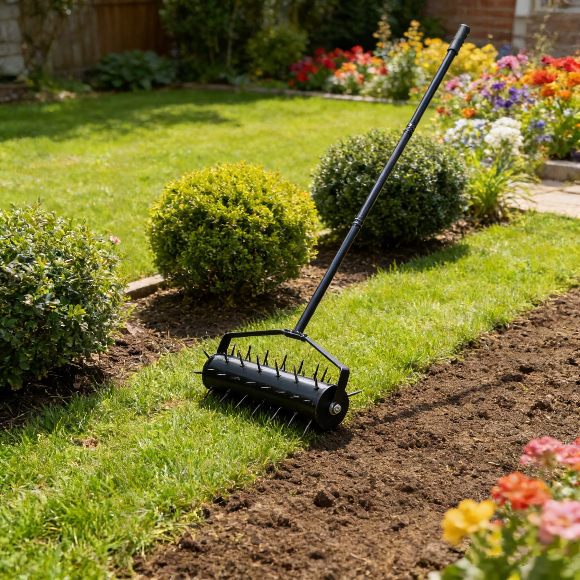 Fehomix Manual Rolling Lawn Aerator with 58" Adjustable Handle, Heavy Duty Push Spike Aerator Tool for Garden & Yard, Soil Aeration for Healthier Grass, Easy Assembly & Transport