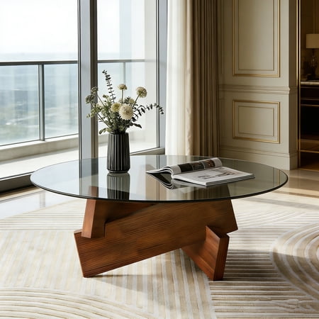 Fehomix Modern Round Coffee Table, 27.5" Mid Century Center Table with Tempered Glass Top & Walnut Base, Compact Living Room Table for Small Spaces, Easy Assembly