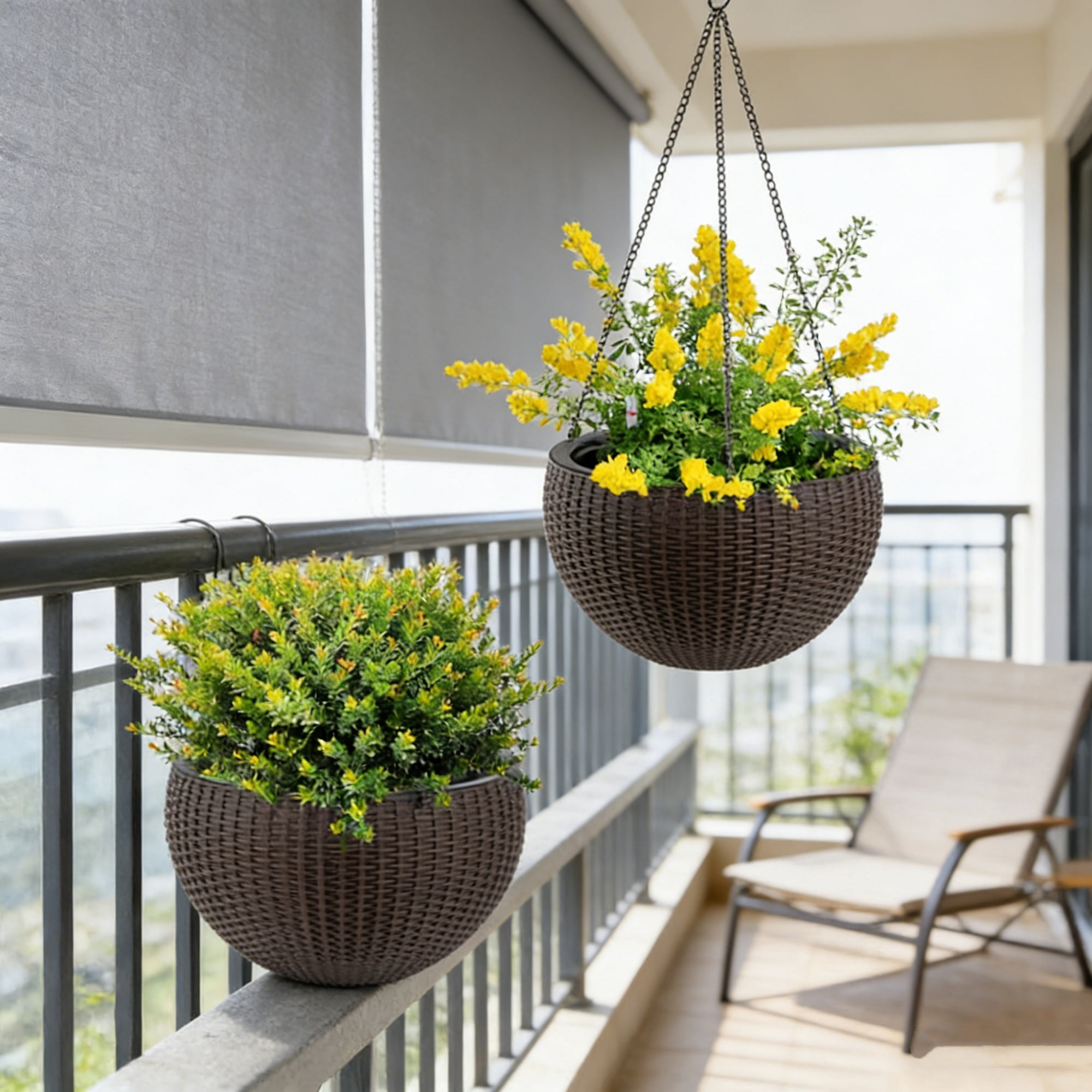Fehomix Self-Watering Hanging Planter 13.4 Inch 2-Pack, Large Brown Rattan Plant Pots with Water Level Indicator, Root Rot Resistant for Indoor Outdoor Garden Balcony