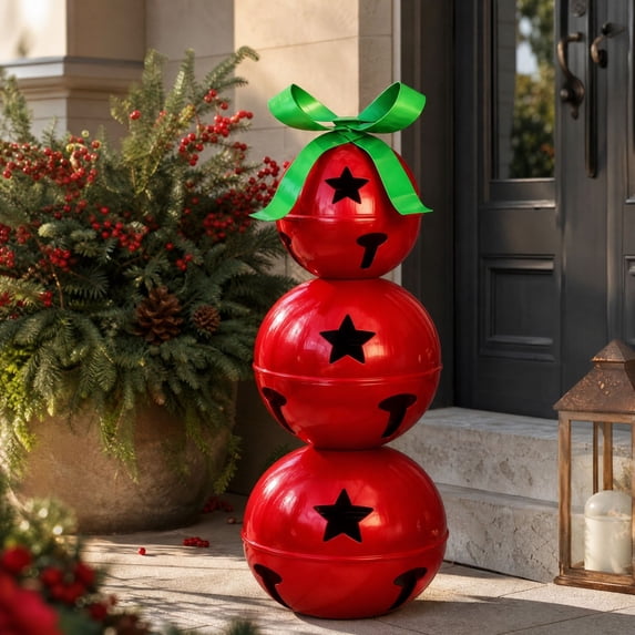 FeiBiQiuBi 23.6" Stacked Metal Jingle Bells Christmas Decoration, 3 Tier Large Star Cutout Red Metal Bell Topiary with Green Bow, Indoor Outdoor Farmhouse Holiday Display Ornament