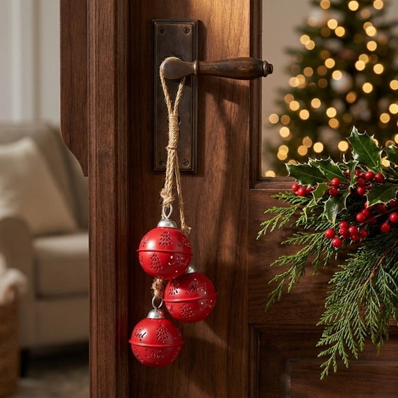 FeiBiQiuBi 3 Bell Cluster Red Metal Christmas Ornaments, 19.7" Vintage Hollow Cutout Hanging Iron Bells with Jute Rope, Rustic Holiday Tree Decorations for Xmas Wreath, Garland, Home Decor