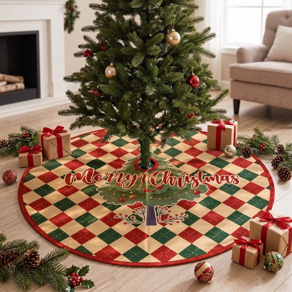 FeiBiQiuBi Christmas Tree Skirt Mat, Round Red Green Plaid Holiday Rug with Christmas Tree Print, Non-Slip Xmas Decor Doormat, Fluffy Tartan Rugs for Living Room, Fireside, Entryway, Bathroom
