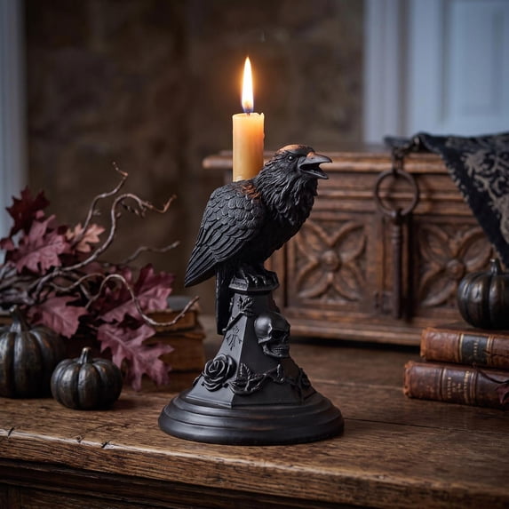 FeiBiQiuBi Gothic Black Crow Candle Holder Statue, Resin Crow Candlestick Holder, Halloween Gothic Tabletop Decor for Home Dining Table & Party