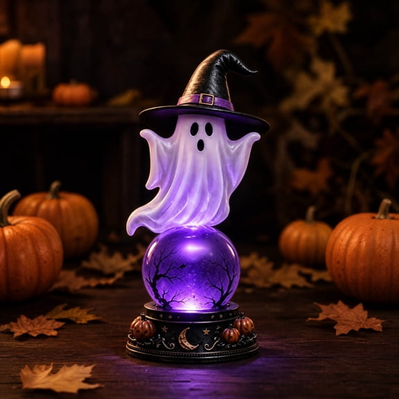 FeiBiQiuBi Halloween Ghost Crystal Ball Lamp, 9.8" Purple Glowing Witch Hat Ghost Magic Crystal Ball Night Light, USB Powered Tabletop Centerpiece for Home Office Gift Halloween Decor