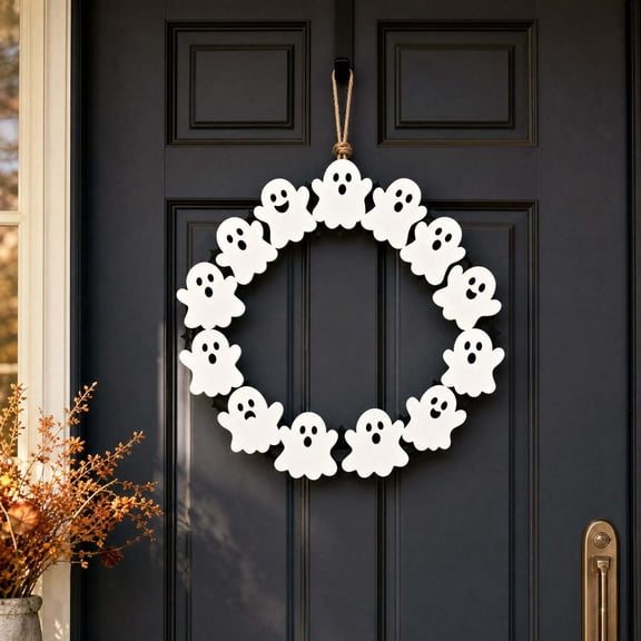 FeiBiQiuBi Halloween Ghost Wreath for Front Door, 9" Cute White Plastic Ghost Garland, Spooky Hanging Wreath for Porch Wall Home Halloween Party Indoor Outdoor Decor