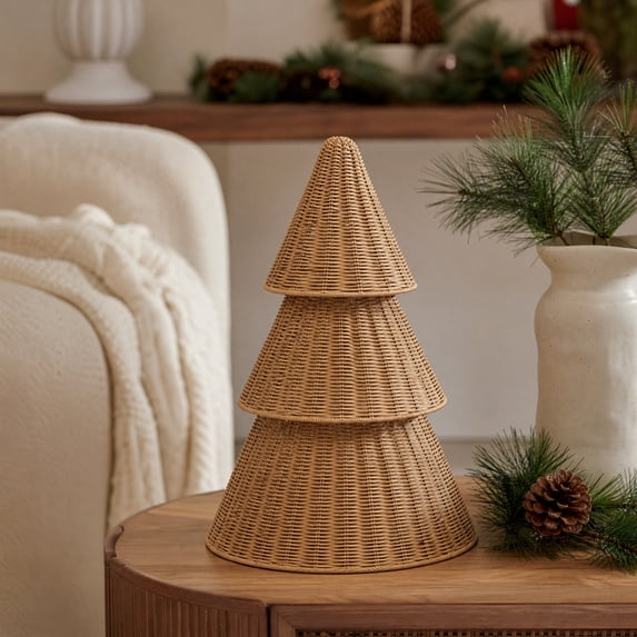 FeiBiQiuBi Hand-Woven Style Resin Tree Ornament, Decor Gift Rattan Wicker Christmas Cone Tree, Holiday Tabletop Hanging Accent Piece, Winter Home Display for Shelf Mantel Desk