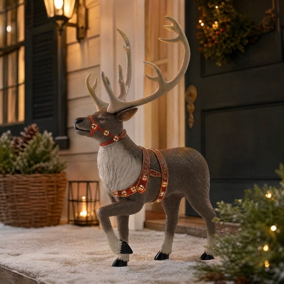 FeiBiQiuBi Lighted Christmas Reindeer Figurine, 7.8" Resin Reindeer Statue with Warm LED Lights and Bell Harness, Standing Deer Statue for Mantel Shelf Entryway Covered Porch