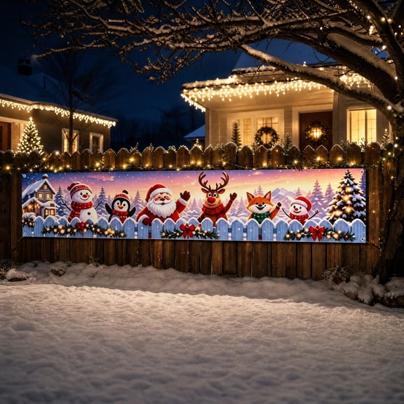 FeiBiQiuBi Merry Christmas Outdoor Banner, 118x19.7 Inch Fence Yard Banner With Santa, Reindeer, Snowman, Fox Design, Festive Holiday Decoration for Yard Garden Fence Porch or Patio Display