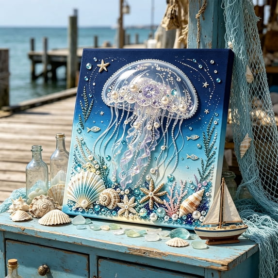 FeiBiQiuBi Ocean Theme Pearl Art DIY Kit, 3D Sparkling Coastal Ocean Diamond Art, Sea Themed Artwork Set for Adults & Beginners, Ocean Lover Gift