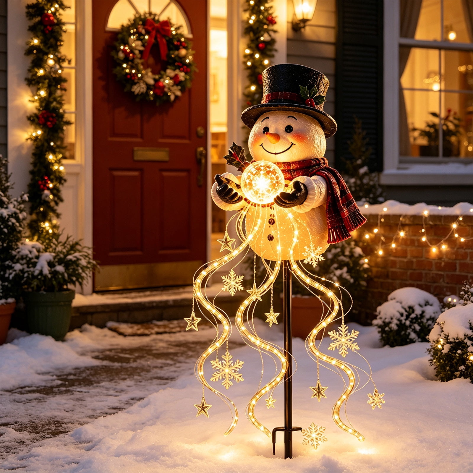 FeiBiQiuBi Snowman Magic Fountain Garden Light, Flowing Snowflake LED Christmas Stake Light with Cascading Stars, Warm Glow, Solar Power and Outdoor Garden Stake for Christmas Yard Decor