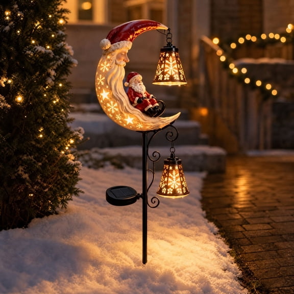 FeiBiQiuBi Solar Christmas Moon Santa Garden Stake Light, Half Moon Christmas Santa Shape Outdoor Decorative Lights, Waterproof Santa Lamp Post Decoration for Yard Pathway Lawn Decor