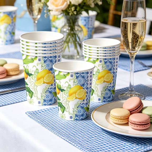 FeiFu 10 Pack Lemon Paper Cups Blue Tile, Disposable Party Drinkware Birthday, Citrus Summer Tableware Tumbler, Vasos Papel Limon Fiesta Cumpleanos