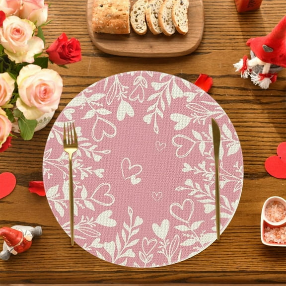 FeiFu 14.2x14.2in Valentine's Day Round Placemats Romantic Heart Pattern Decorative Table Mats Heat Proof Non Slip Easy to Clean for Couples Dinner Party Home Kitchen