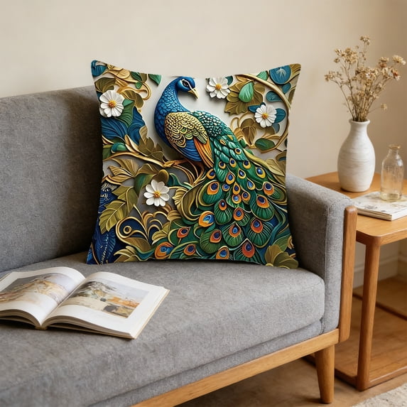 FeiFu 2D Peacock Pattern Embroidered-Style Pillow Cover 17.7x17.7in Decorative Cushion Cover Without Insert for Sofa Couch Living Room Home Decor