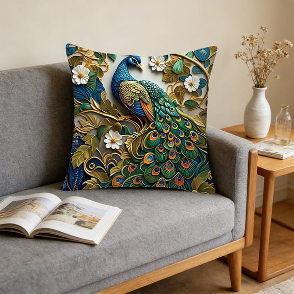 FeiFu 2D Peacock Pattern Embroidered-Style Pillow Cover 17.7x17.7in Decorative Cushion Cover Without Insert for Sofa Couch Living Room Home Decor