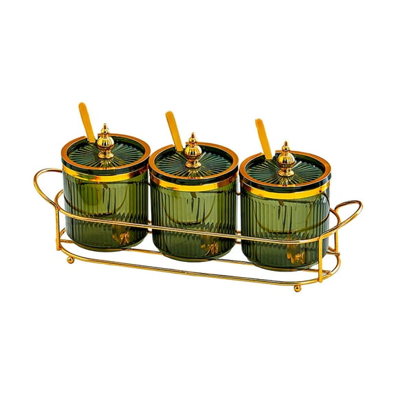 FeiFu 3 Grids 3 Spoons Container With Lid And Spoon, Clear Seasoning Rack Spice Pots, 3 Piece Seasoning Box For Home Kitchen Café Storing Sugar Pepper Spice Green