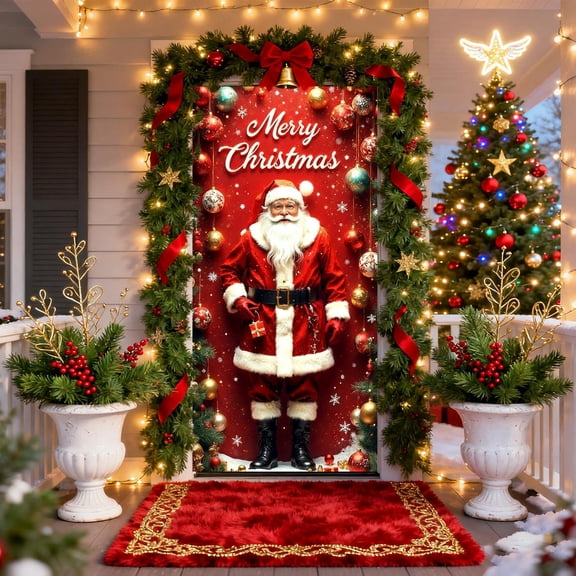 FeiFu 35×71in Christmas Door Cover Santa Door Decoration Curtain Doors Santa Design Christmas Vibes Suitable for Home Entryway Decor