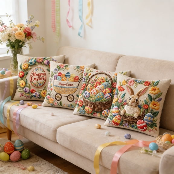 FeiFu 4-Pack Easter Pillowcovers Egg Printed Cushion Cases Festive Holiday Throw Pillowcovers for Sofa Living Room Home Easter Decoration