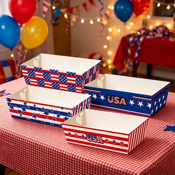 FeiFu 4th of July Patriotic Food Containers, Red White Blue Disposable Snack Boxes, Independence Day Party Favor Treat Boxes, Cajas para Snacks Patrióticas