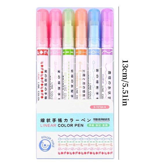 FeiFu 6pcs Curved Highlighter Pen for Note Take, Curved Pens Marker with Different Curved Shapes 6 Colors Fine Lines for Adult Teenage Coloring Writing D