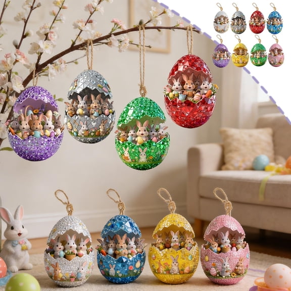 FeiFu 8pcs Easter Glitter Hanging Eggs Ornaments for Tree Multicolor Eggs Hanging Pendants 2D Wooden Bunny Designs Hanging Bunny Ornament for Home DIY Craft Holiday Party Decoration