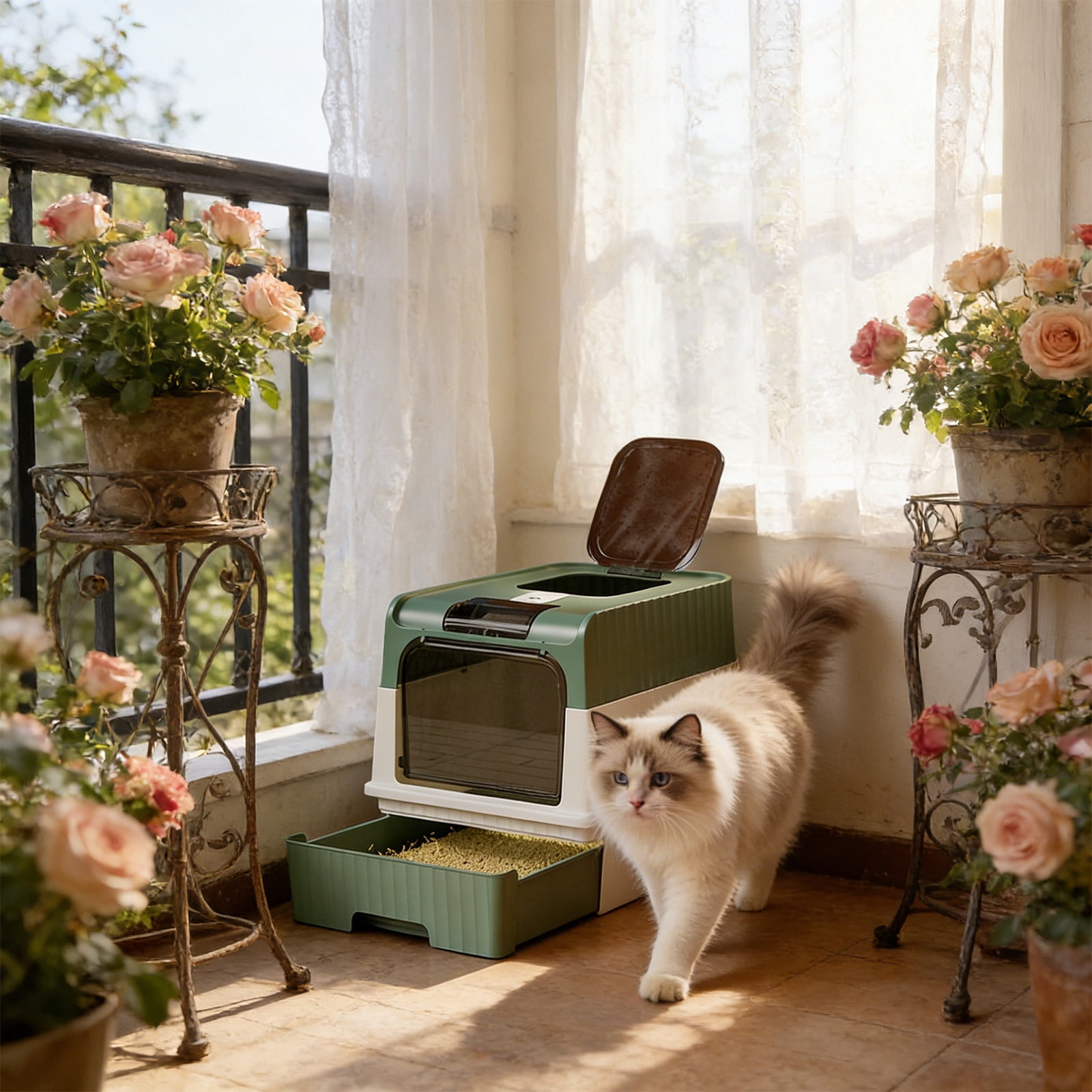 FeiFu Cats Litter Box with Drawer,Foldable Enclosed Cats Litter Box for Indoor Cats, Metal Covered Cats Litter Pan with Litter Scoop