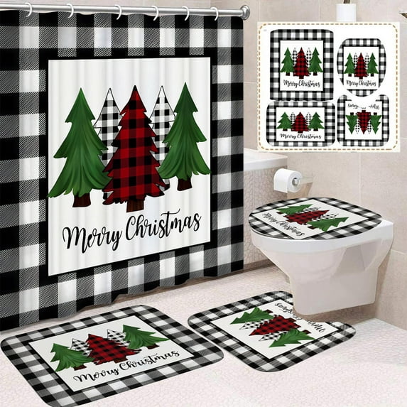 FeiFu Christmas Bathroom 4 Piece Set Bath Mat U Shaped Mat Toilet Seat Cover Shower Curtain Water for Festive Bathroom Decor