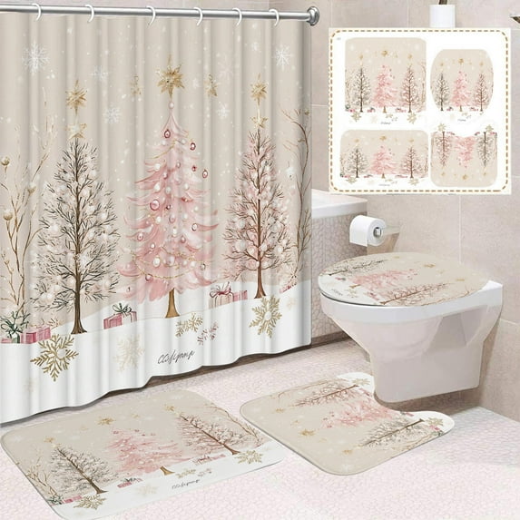 FeiFu Christmas Bathroom 4-Piece Set (Shower Mat + U-Shaped Mat + Toilet Seat Cover + Shower Curtain) Festive Design Waterproof Material for Holiday Bathroom Decor