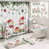 FeiFu Christmas Bathroom 4-Piece Set (Shower Mat   U-Shaped Mat   Toilet Seat Cover   Shower Curtain) Festive Design Waterproof Material for Holiday Bathroom Decor