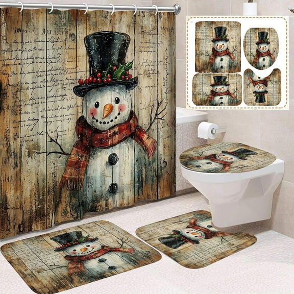 FeiFu Christmas Bathroom 4-Piece Set (Shower Mat + U-Shaped Mat + Toilet Seat Cover + Shower Curtain) Festive Design Waterproof Material for Holiday Bathroom Decor
