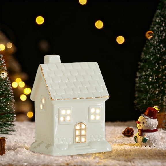 FeiFu Christmas Ceramic Small House Light-Up Figurines Delicate Ceramic Houses with Lights for Tabletop Display Shelf Decor and Christmas Scene Setup