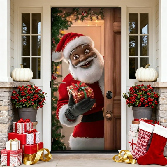 FeiFu Christmas Door Banner with Santa and Snowman Patterns Holiday Door Cover Hanging Flag Outdoor Porch Wall Decor Suitable for Family Party and Christmas Home Exterior