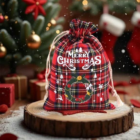 FeiFu Christmas Red Plaid Cotton Drawstring Bags Reusable Candy Bags Holiday Gift Bags Party Gift Wrapping Bags for Storing Christmas Treats