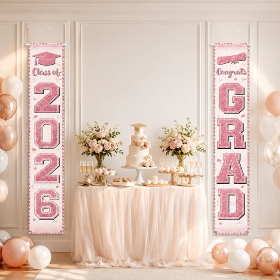 FeiFu Graduation Door Banners Kit,Pre-Strung Hanging Decor with Confetti Design for Instant Party Scene Setup Pink