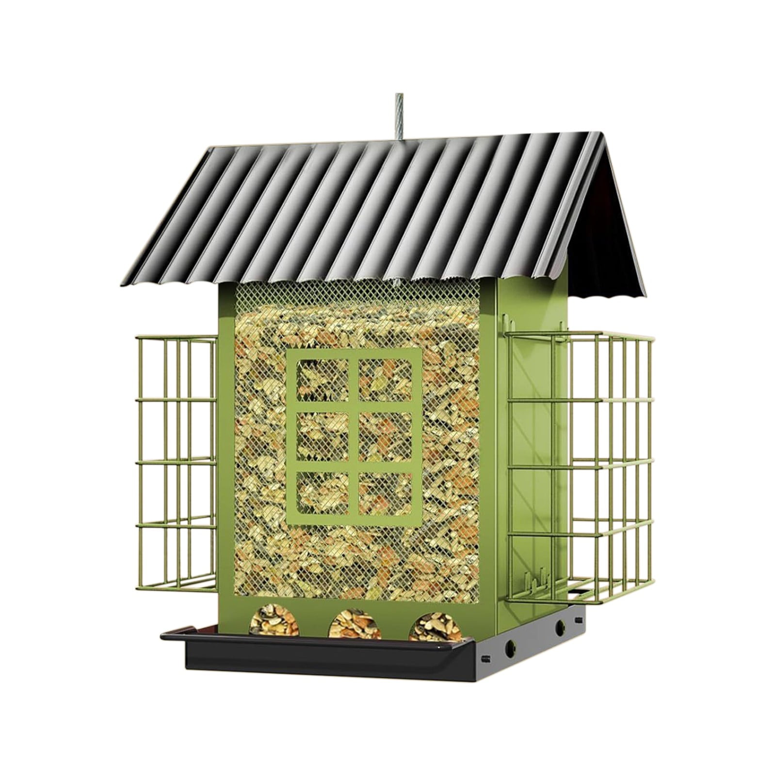 FeiFu Bird Feeder,Iron Hollow Outdoor Hanging Metal Birdhouse with Baffle, Rustproof Garden Decoration for Birds Green