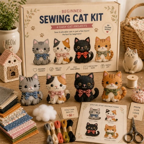 FeiFu DIY Felt Cat Sewing Kit Beginner Hand Stitching Set Fabric Craft Project Animal Plush Figure Handmade Gift Hobby Material Pack Kit Costura Gato