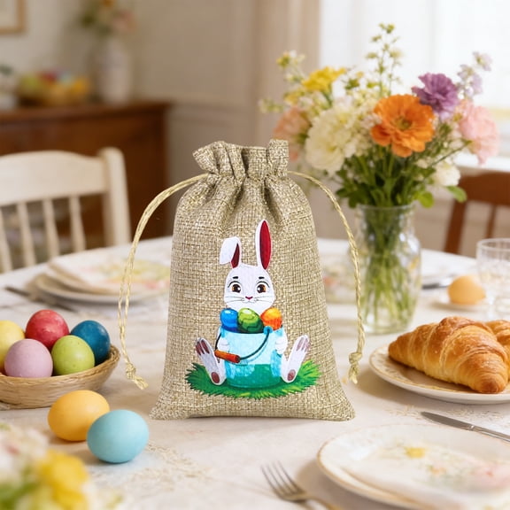 FeiFu Easter Theme Gift Bag Bunny Egg Linen Like Fabric Bag Reusable Goodie Tote Bag for Easter Party Holiday Favors Wrapping