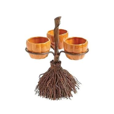 FeiFu Hallow-een Resin Broom Pumpkin Cupcake Stand Hallow-een Broomstick Snack Bowl Stand Wooden, Hallow-een Decorations Pumpkin Cupcake Tray Holiday Festival Wedding Party Supplies
