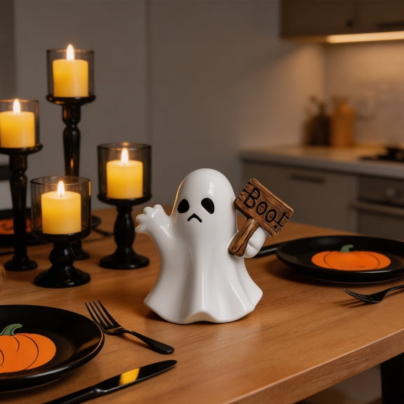FeiFu Halloween Ghost Figurine with Jack-o-Lantern Pumpkin, Cute Ceramic Spooky Tabletop Decor, Mini Ghost Statue Home Shelf Mantel Accent, 4 Inch Fantasma Decoracion Halloween