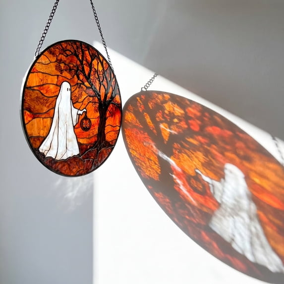 FeiFu Halloween Stained Glass Window Hanging, Light Through with Jack-o-Lantern Lantern Suncatcher, Spooky Tree Round Glass Panel Decor with Chain, Fantasma Decoracion Halloween