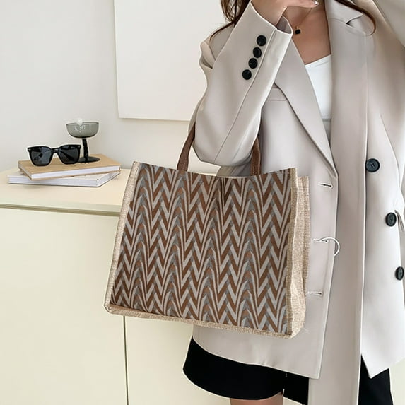 FeiFu Handheld Bag Large Capacity Striped Pattern Tote Bag with Handle for Shopping Travel Daily Use Spacious Interior Fits Groceries