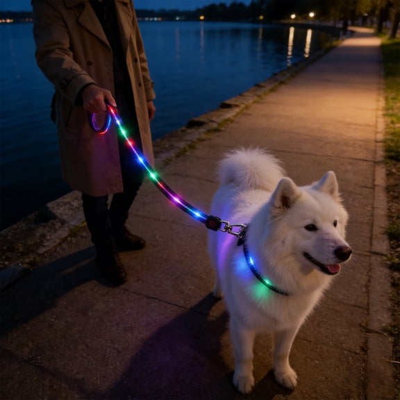 FeiFu LED Light-Up Dog Leash USB Rechargeable Luminous Traction Rope Adjustable Reflective Pull Strap Glow in the Dark Safety Leash for Night Walking